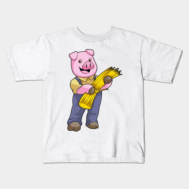 Pig as Farmer with Straw Kids T-Shirt by Markus Schnabel